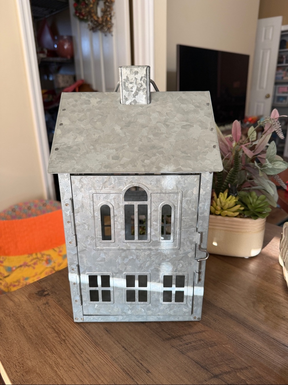Farmhouse-Style Galvanized Metal House Lantern With Hinged Door & Handle